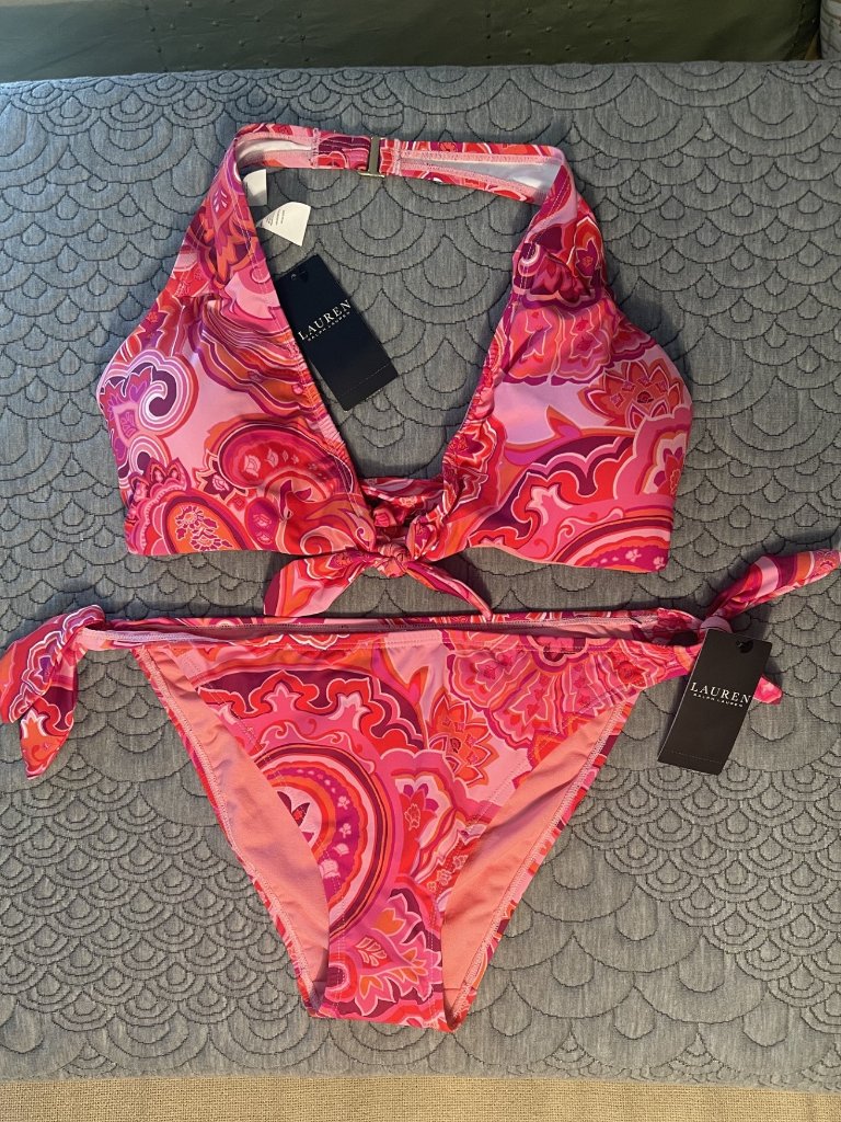 Ralph Lauren Nwt Pink Paisley Tie Bikini, Top Sz 12, Bottoms Sz 10